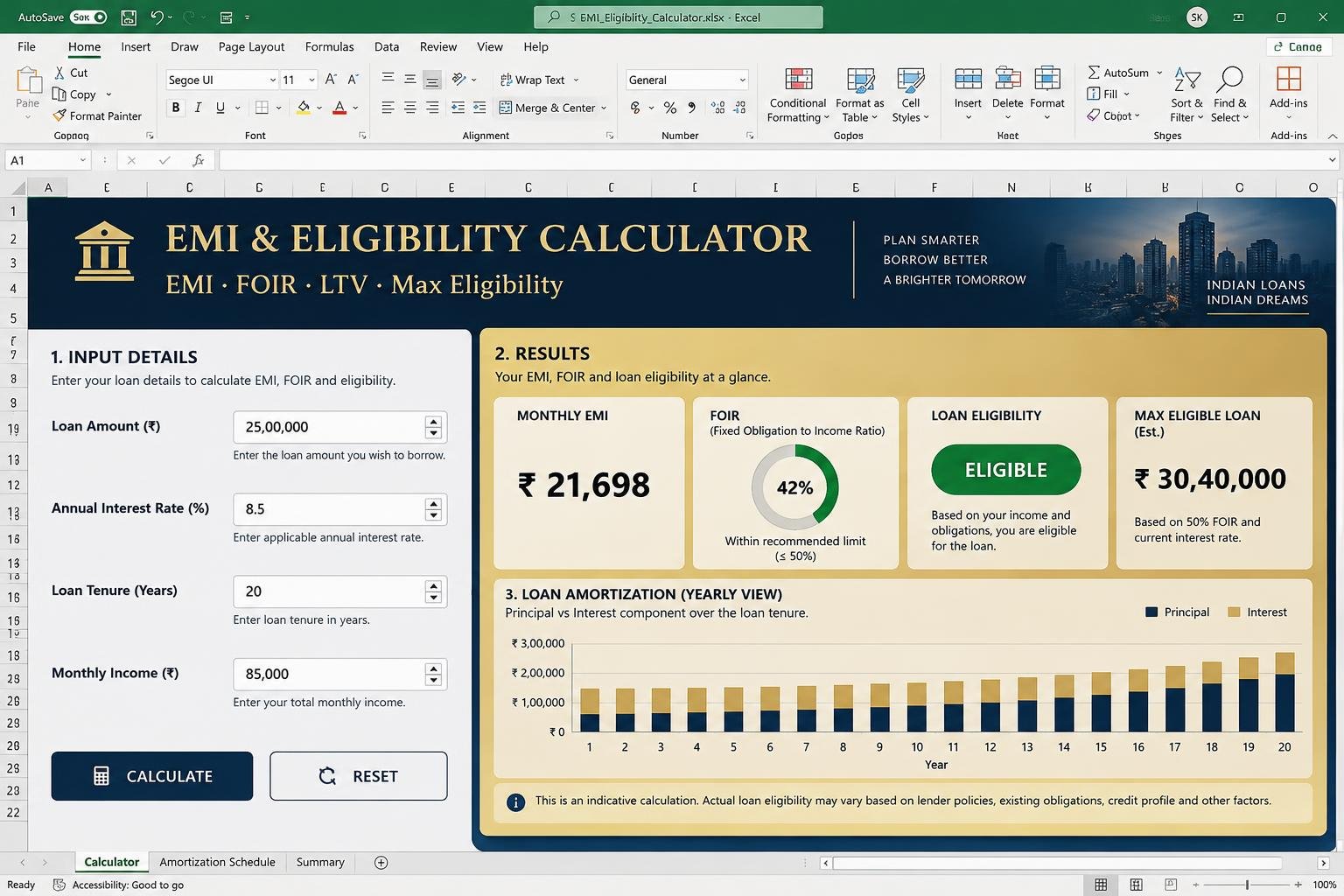 EMI & Eligibility Calculator — Excel dashboard preview