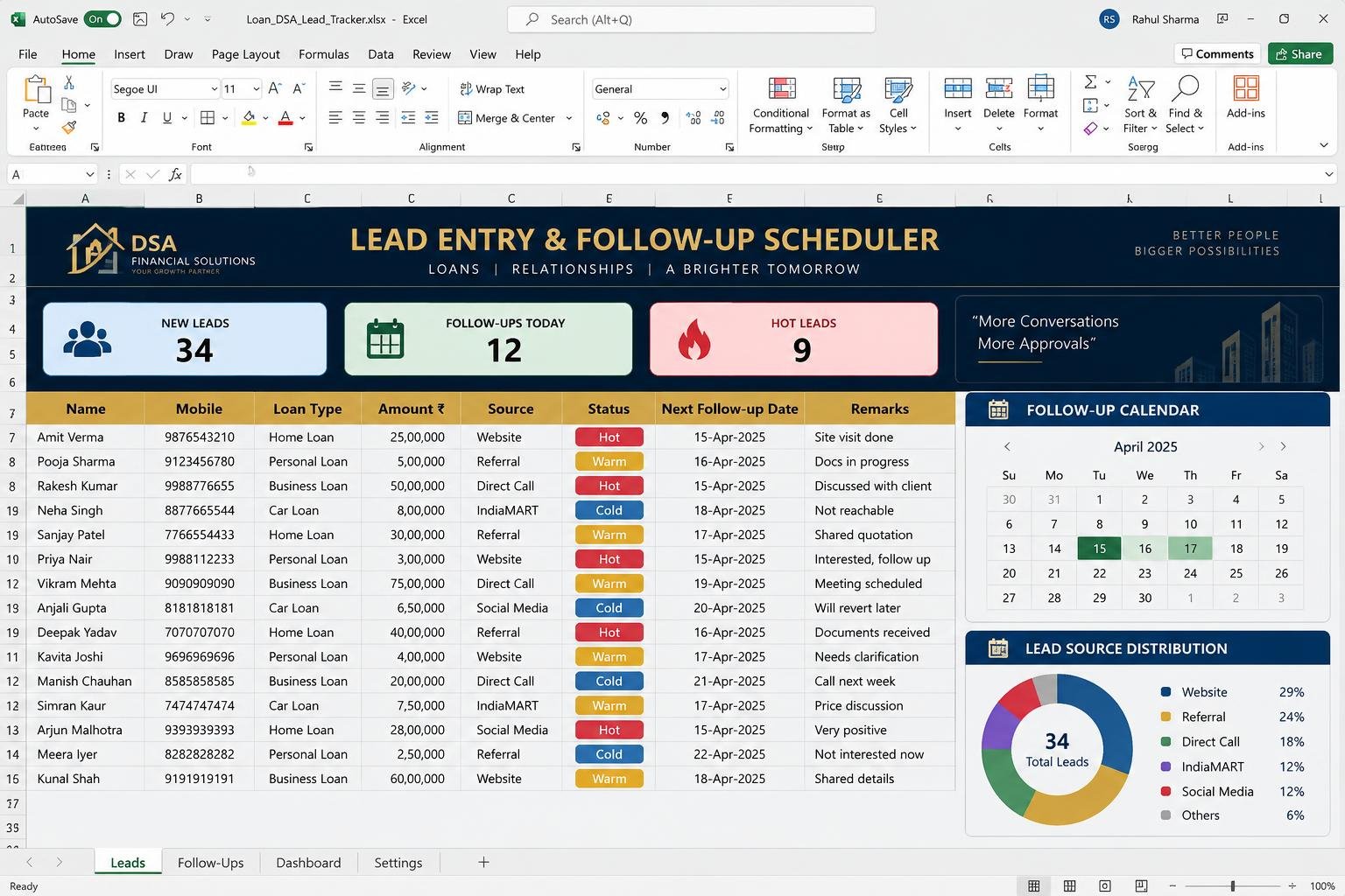 Lead Entry & Follow-up Scheduler — Excel dashboard preview