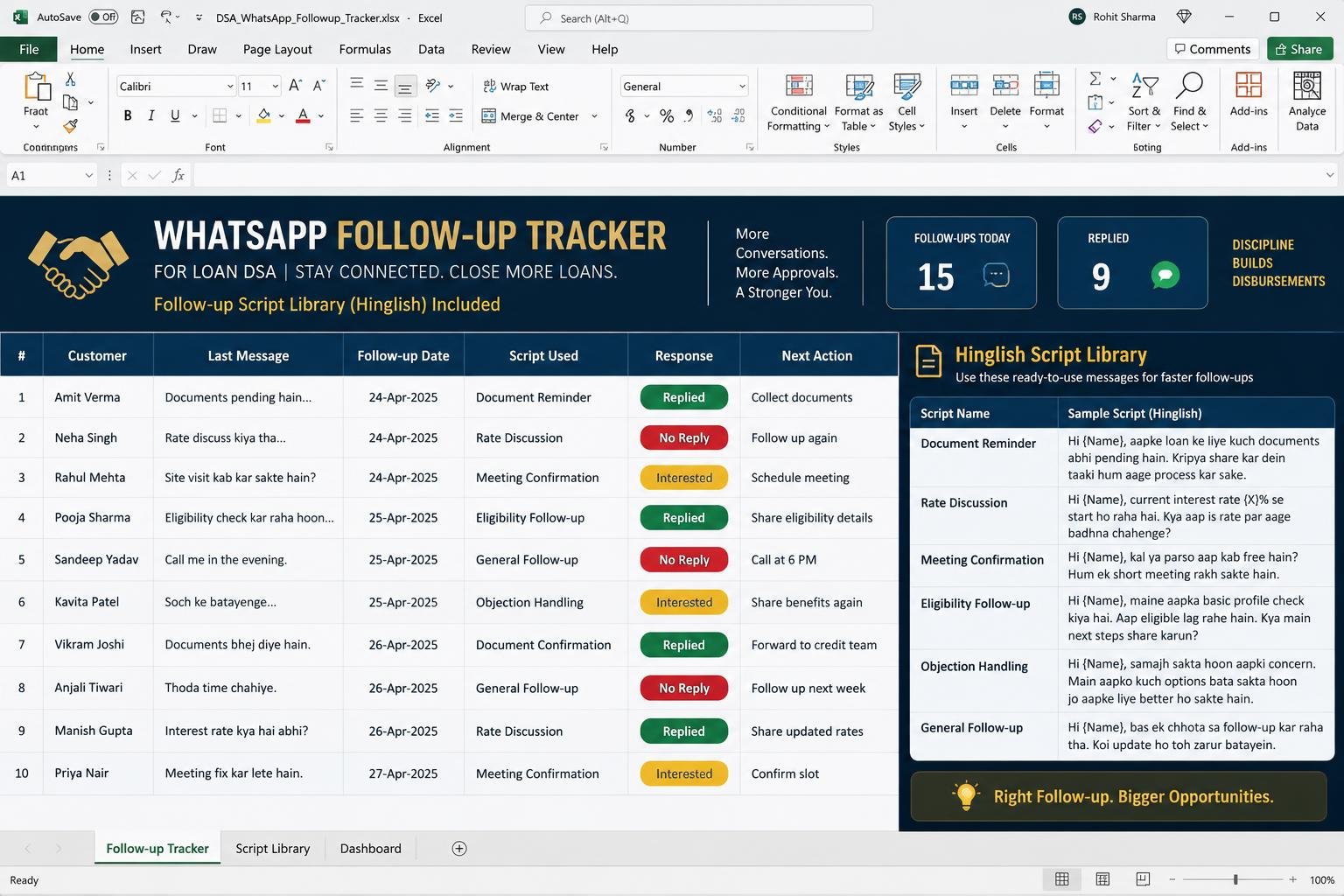 WhatsApp Follow-up Tracker — Excel dashboard preview